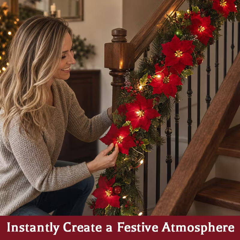 Christmas Poinsettia Garland with Lights