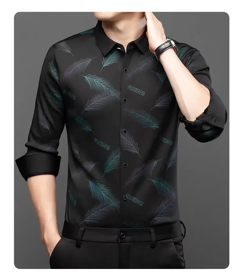 Men's Feather Print Button Front Shirt