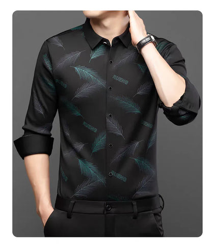 Men's Feather Print Button Front Shirt