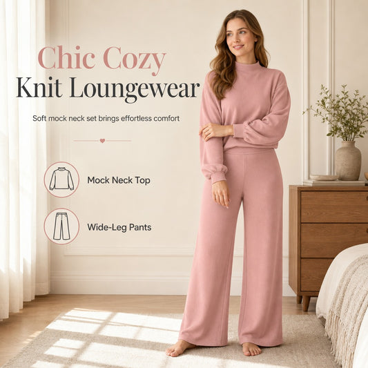 Women's Mock Neck Knit Top and Wide-Leg Pants Set