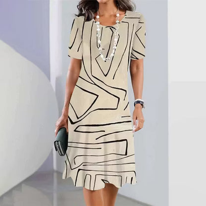 Women's Abstract Line Print Round Neck Dress