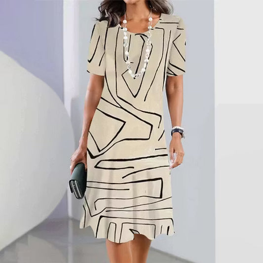 Women's Abstract Line Print Round Neck Dress
