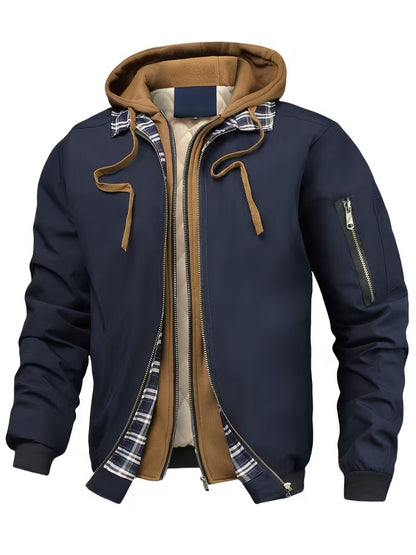 Men's Hooded Plaid Trim Jacket