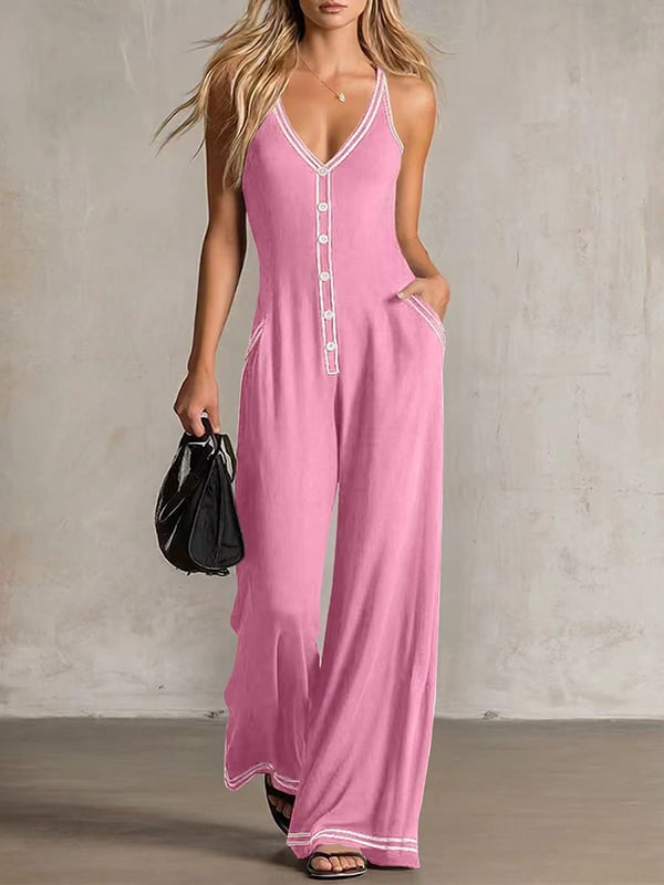 Women's Contrast-Trim Button-Front Jumpsuit