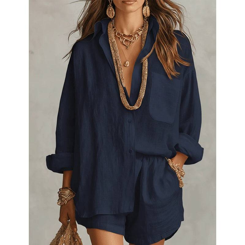 Women's Oversized Button-Up Shirt & Shorts Set
