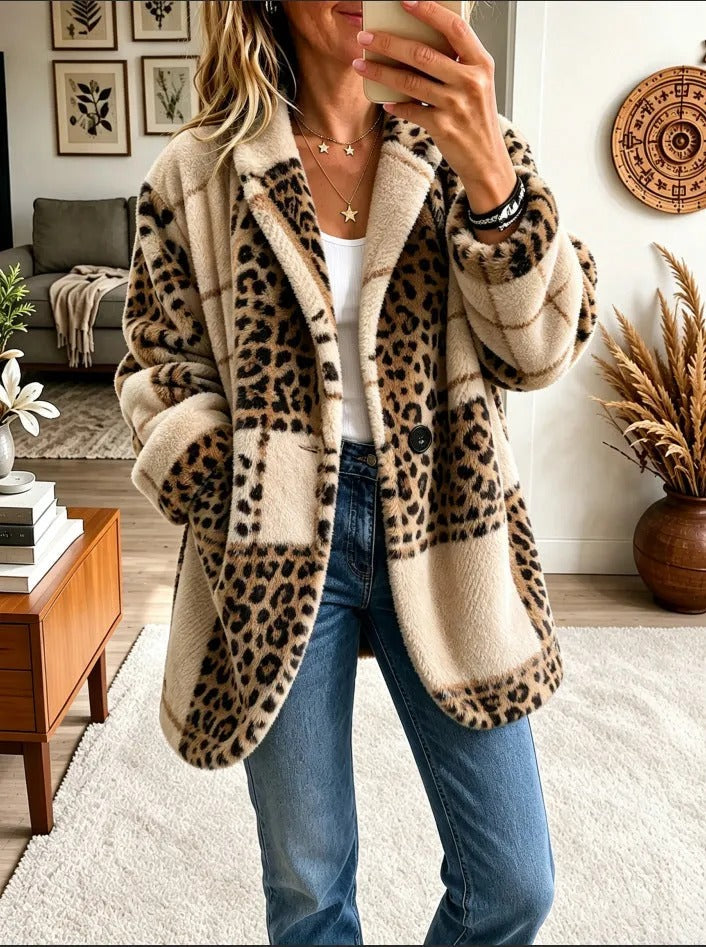 Women's Mixed-Color Plaid Lapel Coat