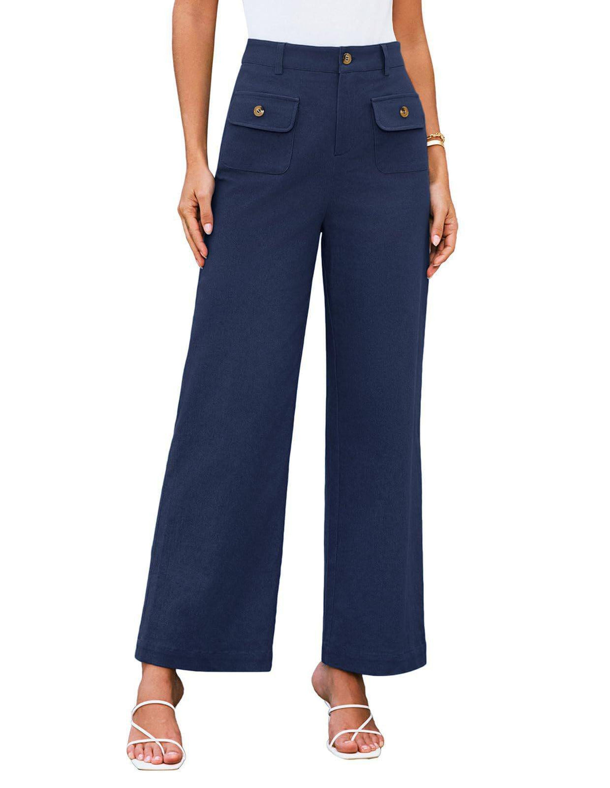 Women's High-Waisted Button Detail Wide-Leg Pants