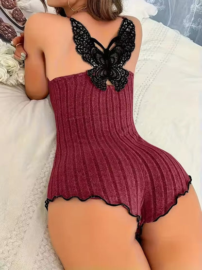 Women's Ribbed Lace Butterfly Back Romper
