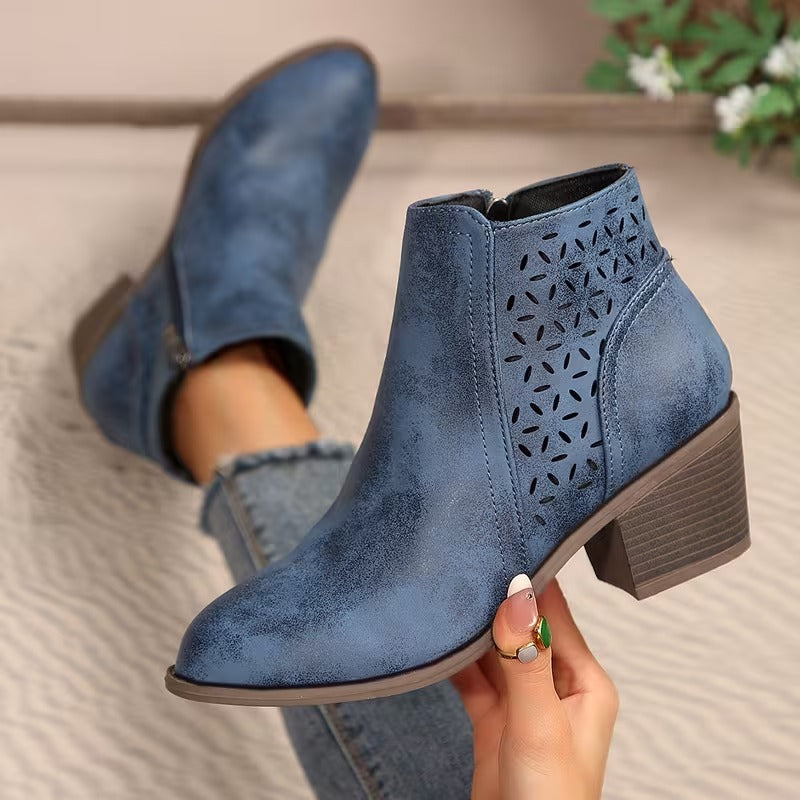 Women's Perforated Ankle Boots with Chunky Heel