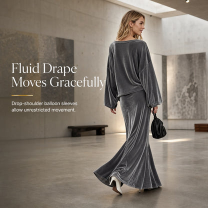 Women's Velvet V-Neck Top and Skirt Set