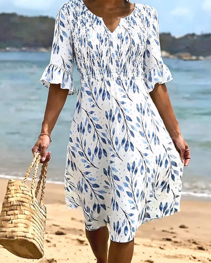 Women’s Smocked Printed Midi Dress with Ruffle Sleeves