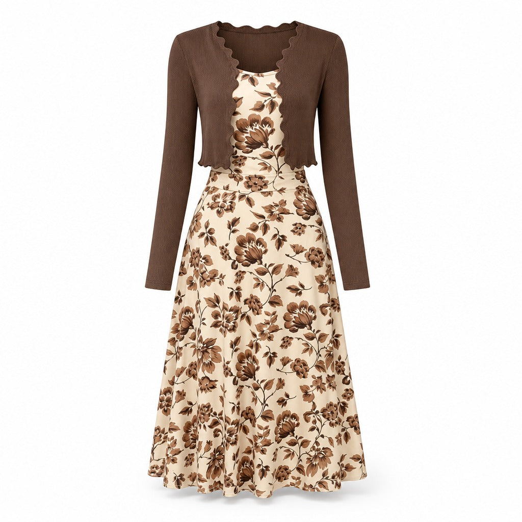 Women's Floral Dress and Cropped Knit Cardigan Set