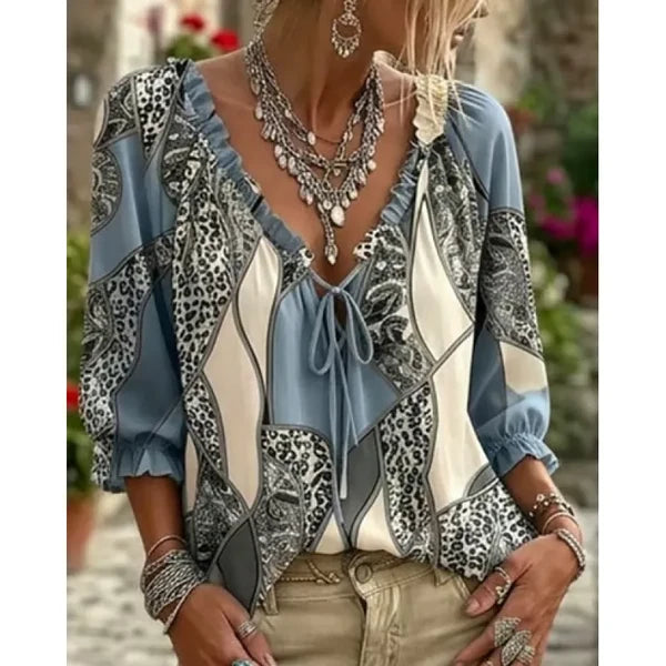 Women’s Leopard Lace-Up Puff Sleeve Blouse