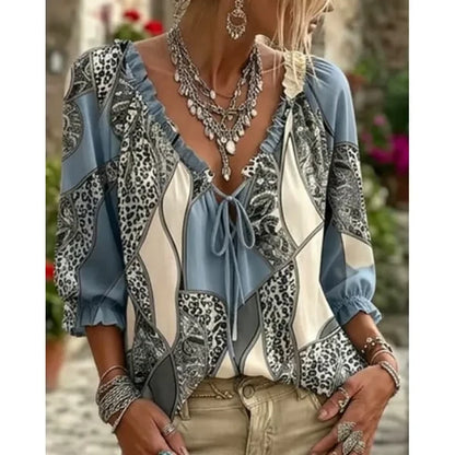 Women’s Leopard Lace-Up Puff Sleeve Blouse