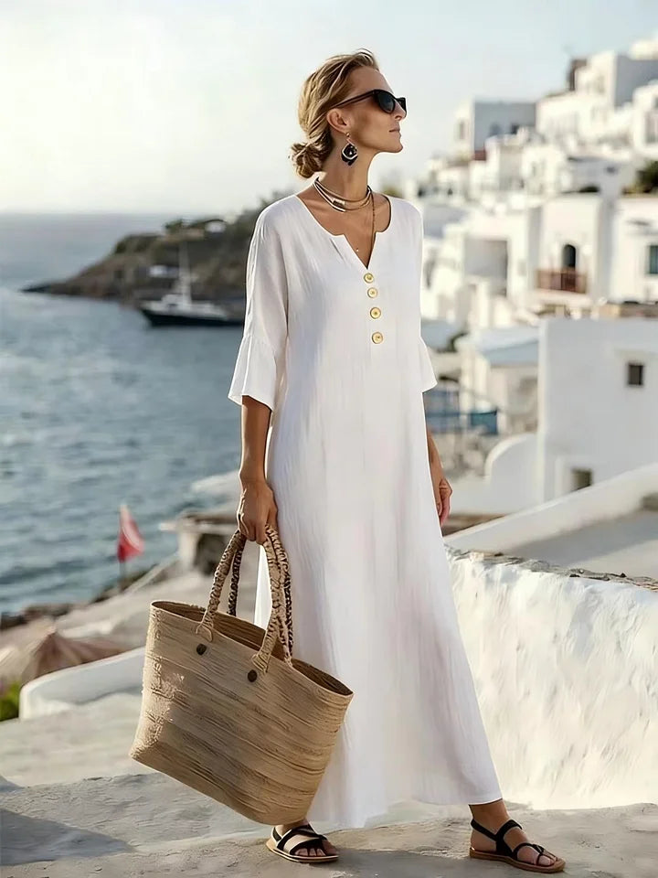 Women’s Relaxed V-Neck Button Detail Maxi Dress