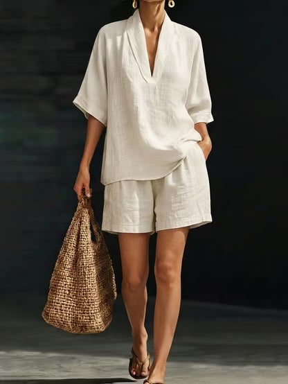 Women's V-Neck Textured Top & Shorts Set