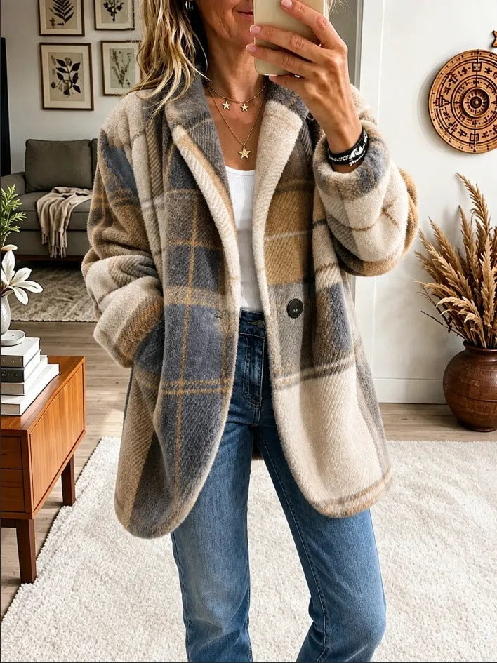 Women's Mixed-Color Plaid Lapel Coat