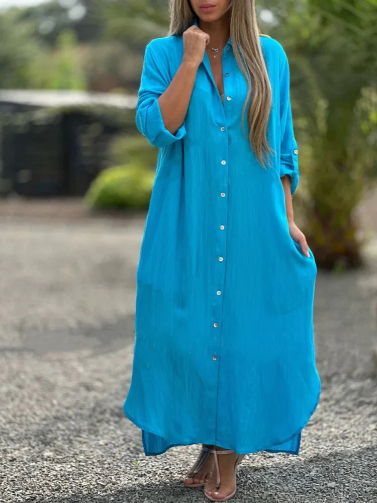 Women's Button-Front Long Sleeve Shirt Dress