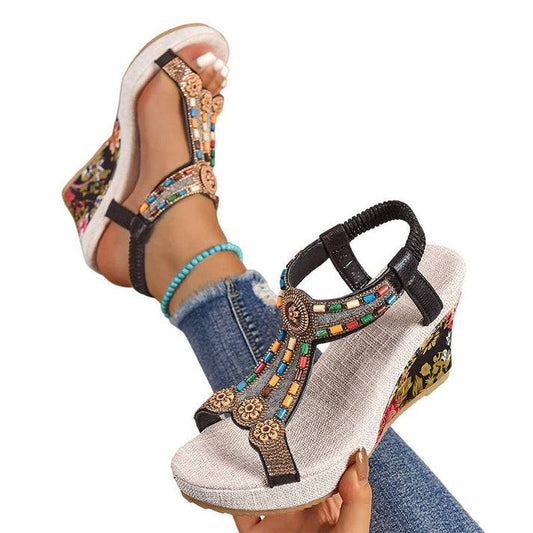 Women's Beaded Bohemian Wedge Sandals