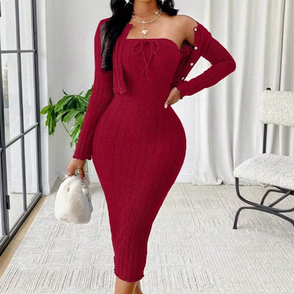 Women's Ribbed Knit Dress with Button-Front Cardigan