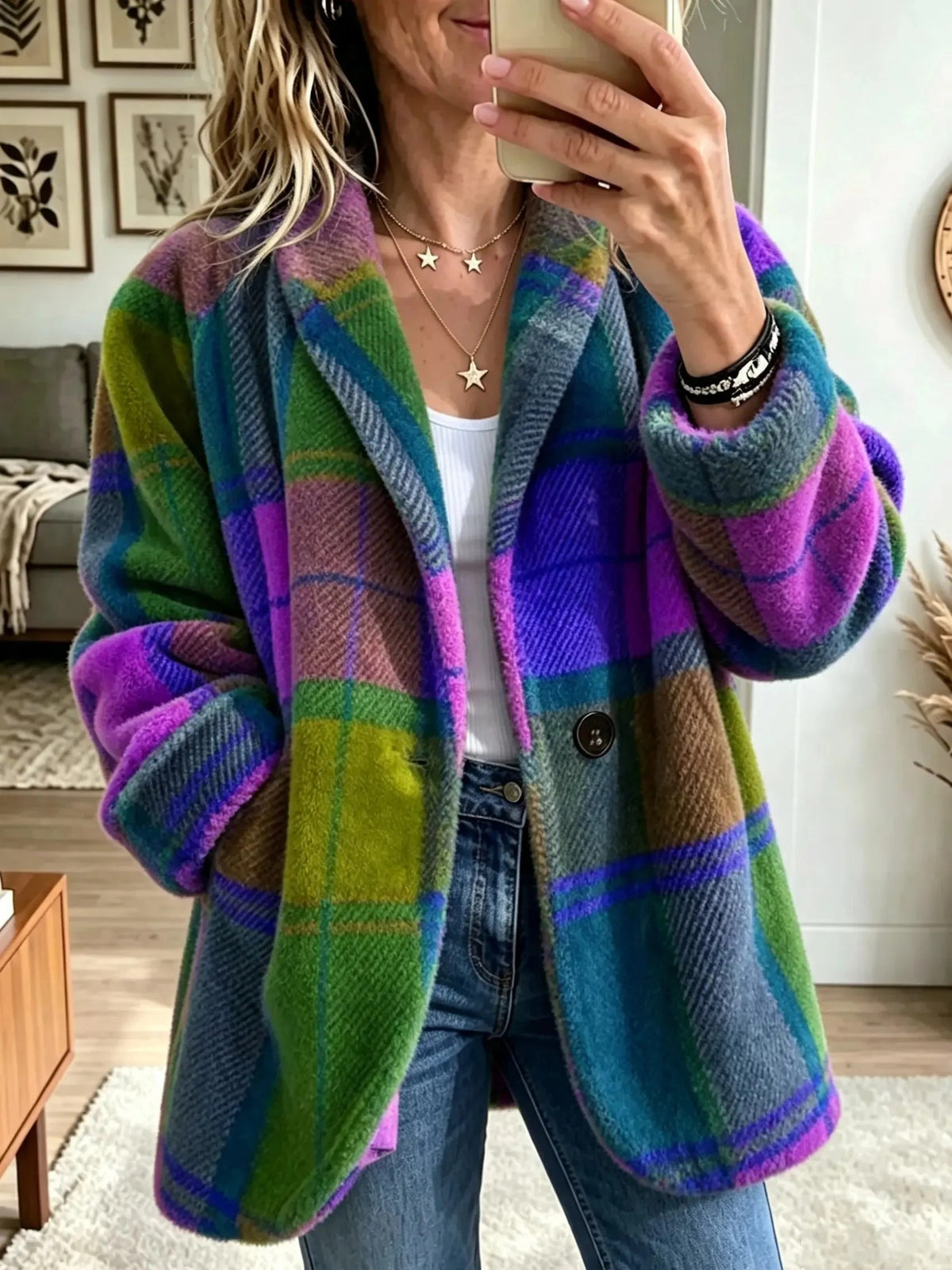 Women's Mixed-Color Plaid Lapel Coat