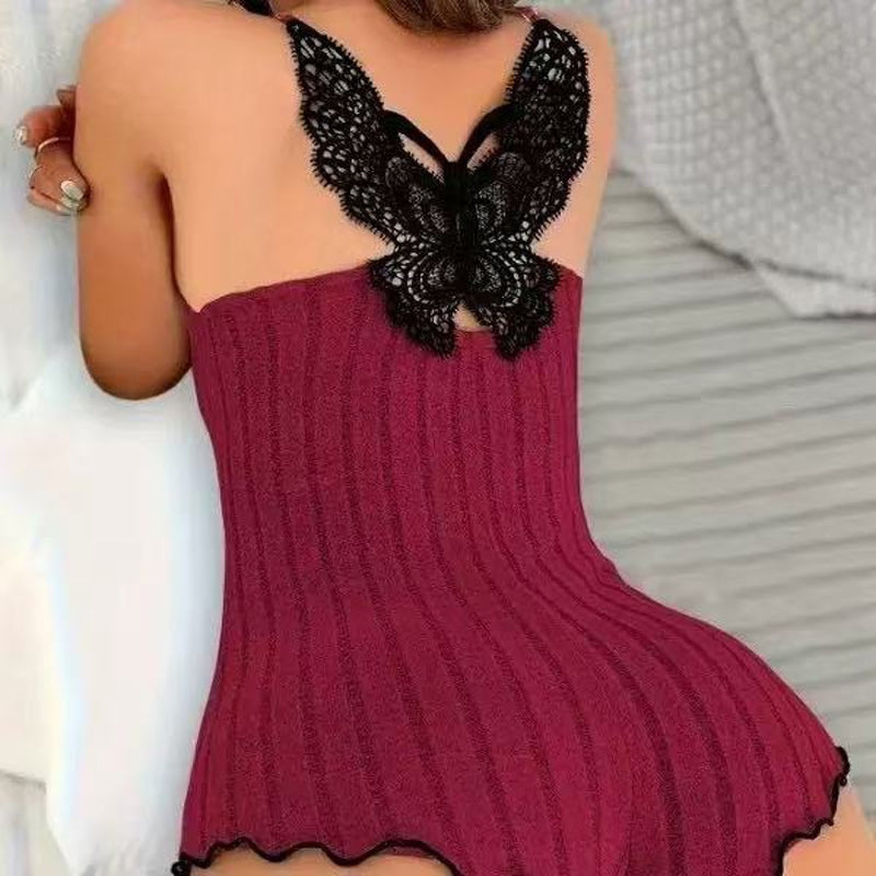 Women's Ribbed Lace Butterfly Back Romper