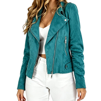 Women's Suede-Look Biker Jacket with Lapels