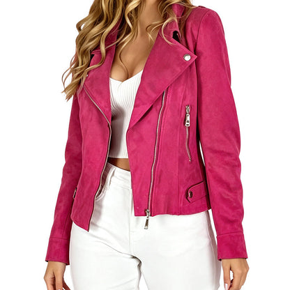 Women's Suede-Look Biker Jacket with Lapels