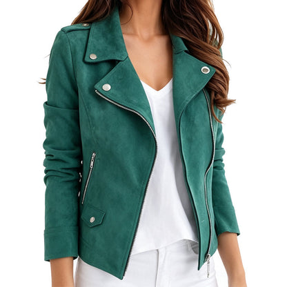 Women's Suede-Look Biker Jacket with Lapels