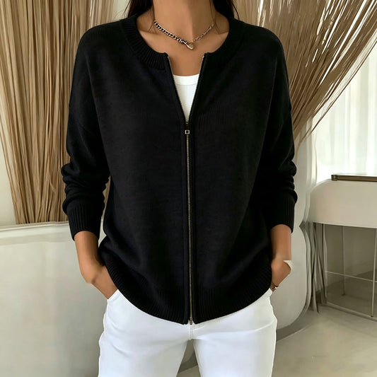 Women's Knit Zip-Up Jacket with Ribbed Trim