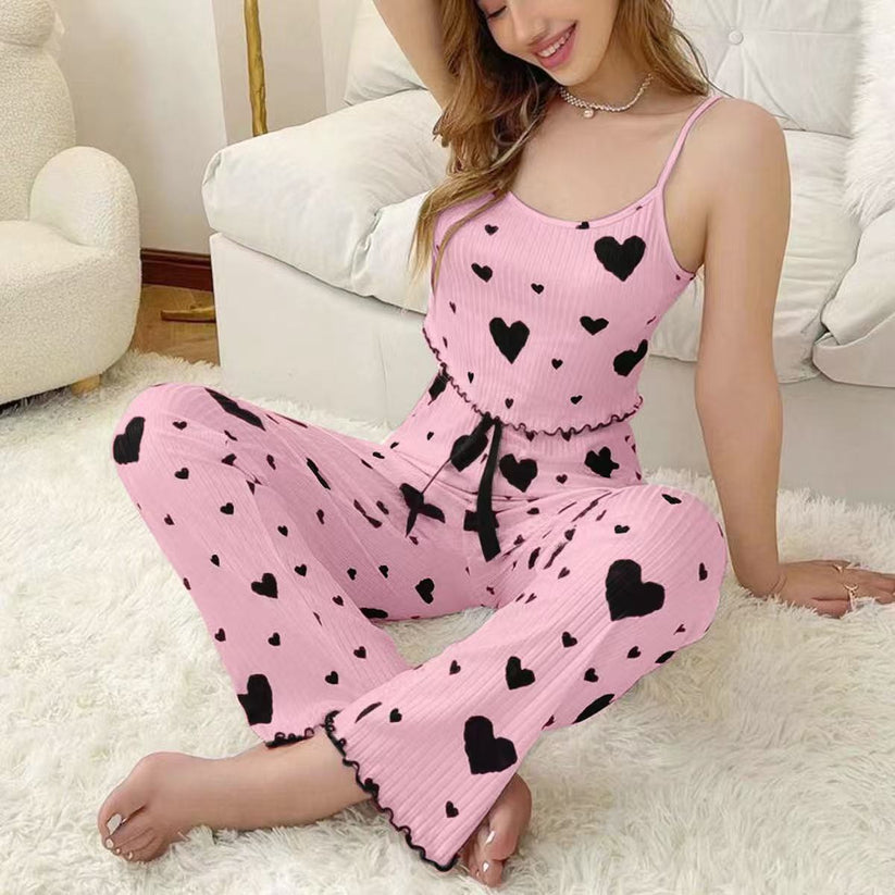 Women's Heart Print Ribbed Pajama Set