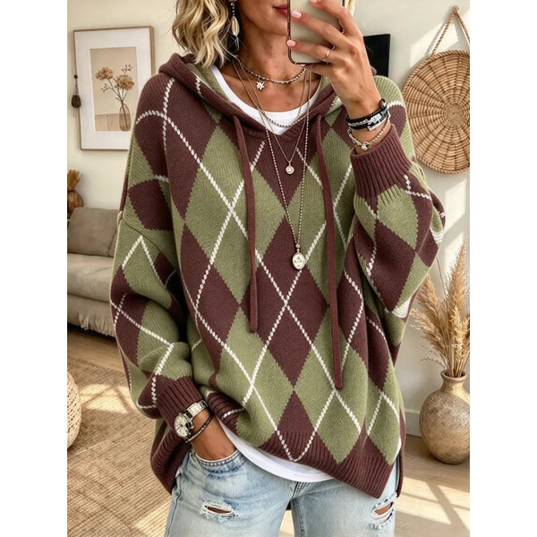 Women's Argyle Hooded Knit Sweater