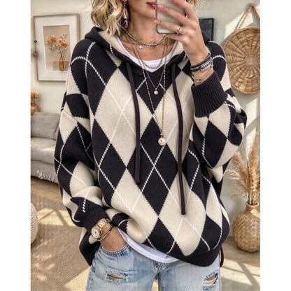 Women's Argyle Hooded Knit Sweater