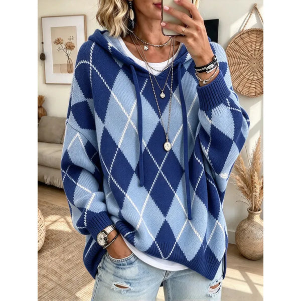 Women's Argyle Hooded Knit Sweater