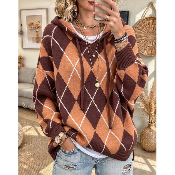 Women's Argyle Hooded Knit Sweater