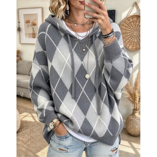 Women's Argyle Hooded Knit Sweater