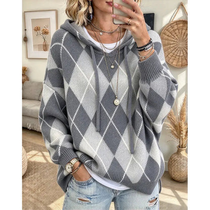 Women's Argyle Hooded Knit Sweater