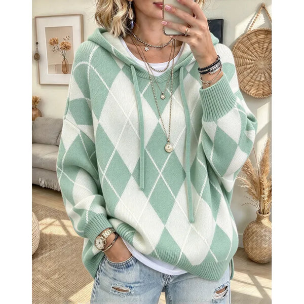 Women's Argyle Hooded Knit Sweater