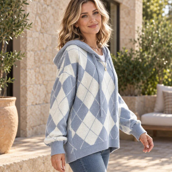 Women's Argyle Hooded Knit Sweater