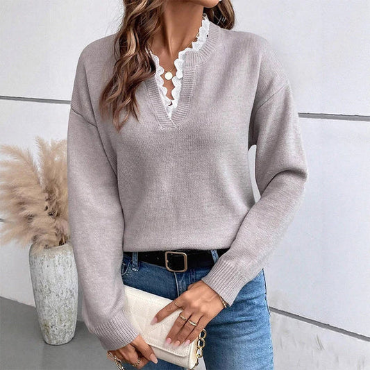 Women's V-Neck Knit Sweater with Lace Trim