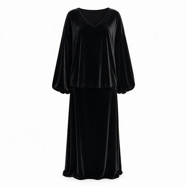 Women's Velvet V-Neck Top and Skirt Set