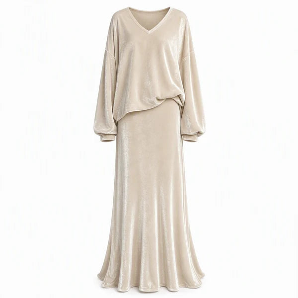 Women's Velvet V-Neck Top and Skirt Set