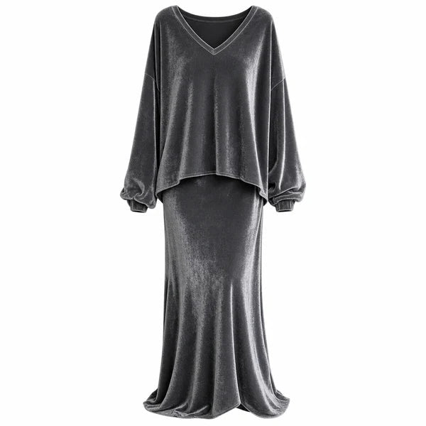 Women's Velvet V-Neck Top and Skirt Set