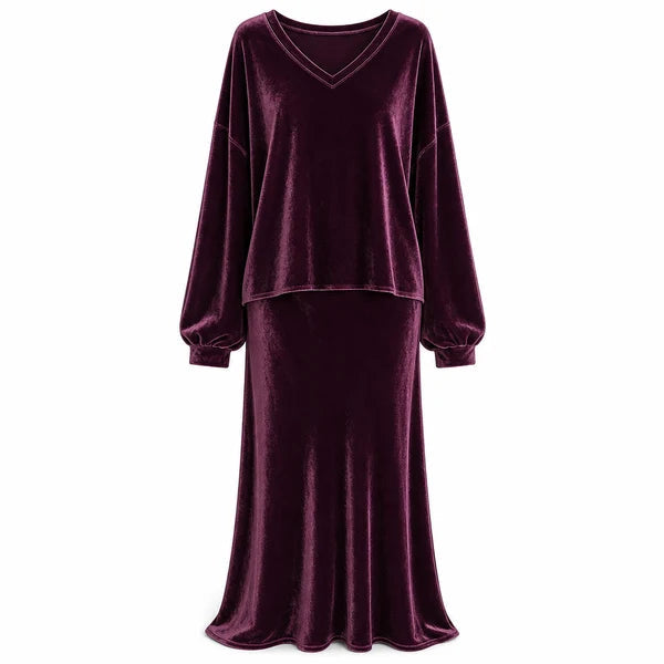 Women's Velvet V-Neck Top and Skirt Set