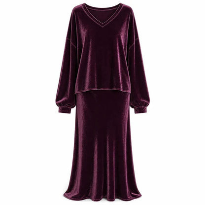 Women's Velvet V-Neck Top and Skirt Set