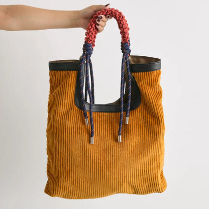 Women's Corduroy Tote Bag with Woven Handle
