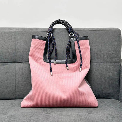 Women's Corduroy Tote Bag with Woven Handle