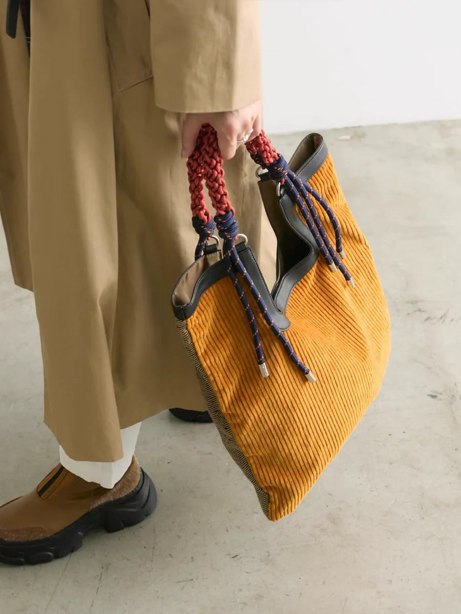 Women's Corduroy Tote Bag with Woven Handle