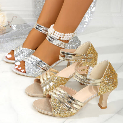 Women's Glitter Ankle Strap Block Heel Sandals