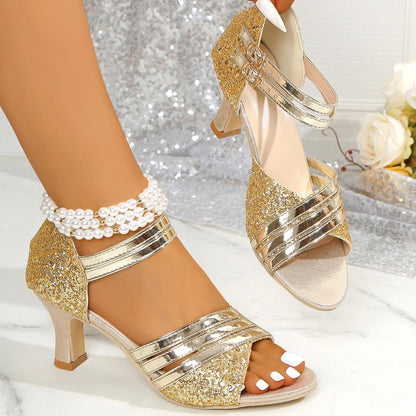 Women's Glitter Ankle Strap Block Heel Sandals